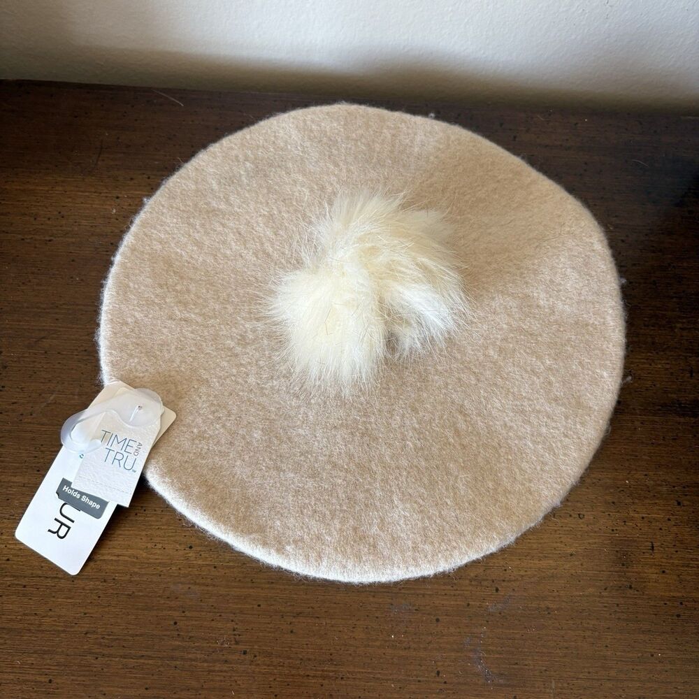 Beret Hat Cap W/ Faux Fur Pom Pom Oatmeal Wool Blend French Villager Fall Style